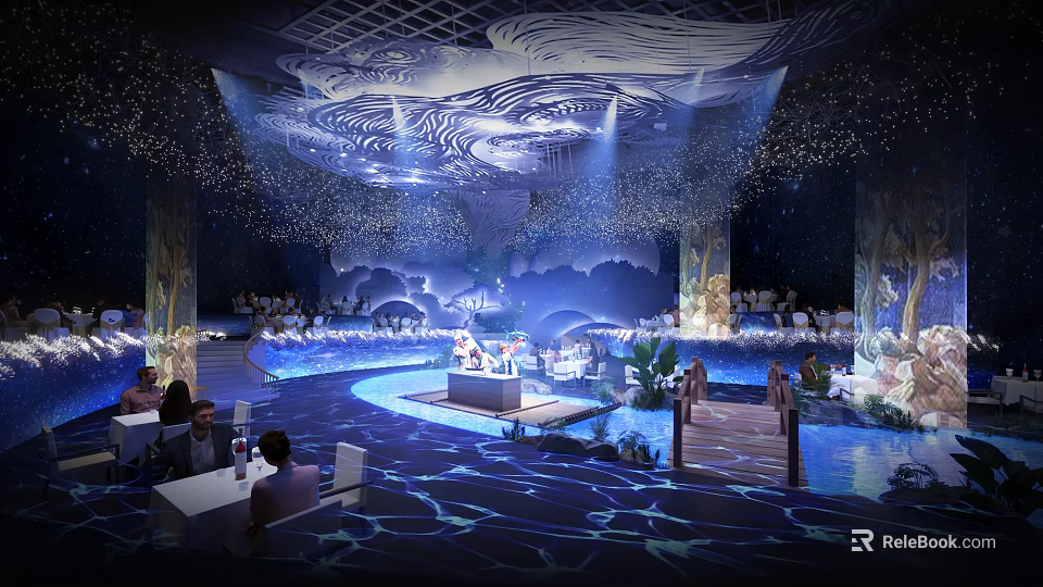 Modern Restaurant Open Kitchen Design With Island Counter And Spacious Dining Area 3d model