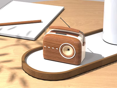 Wooden Radio Speaker on Wooden Table with Notebook Pencil and White Cup 3d model