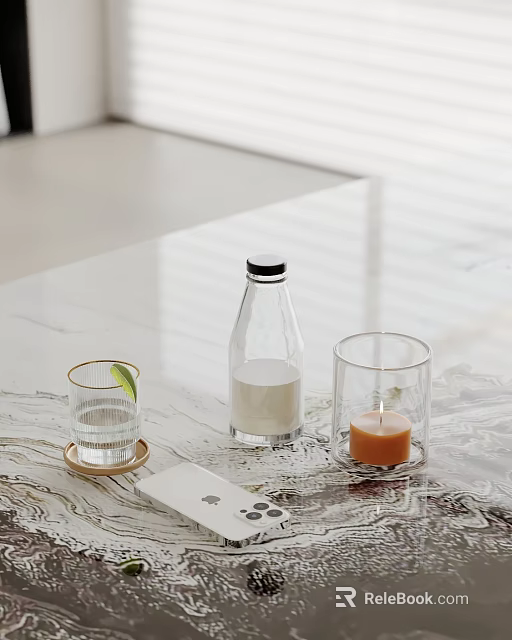 Modern Minimalist Decorative Ornament Set With Glass Bottles Candle Holders And Coasters 3d model 