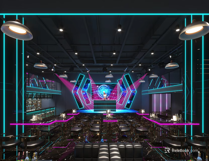 Modern Bar Interior Design With Neon Lights Stage Bar Counter And Comfortable Seats 3d model 