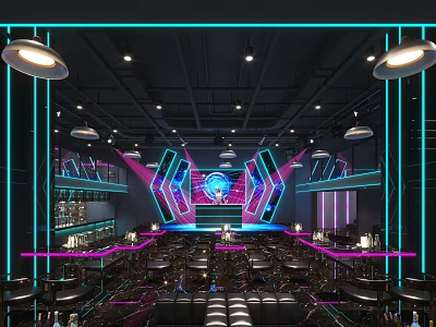 Modern Bar Interior Design With Neon Lights Stage Bar Counter And Comfortable Seats 3d model
