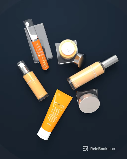 Luxury Orange Yellow Perfume Cosmetics Collection With Foundation Cream Serum Bottles 3d model 