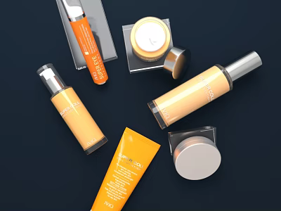 Luxury Orange Yellow Perfume Cosmetics Collection With Foundation Cream Serum Bottles 3d model