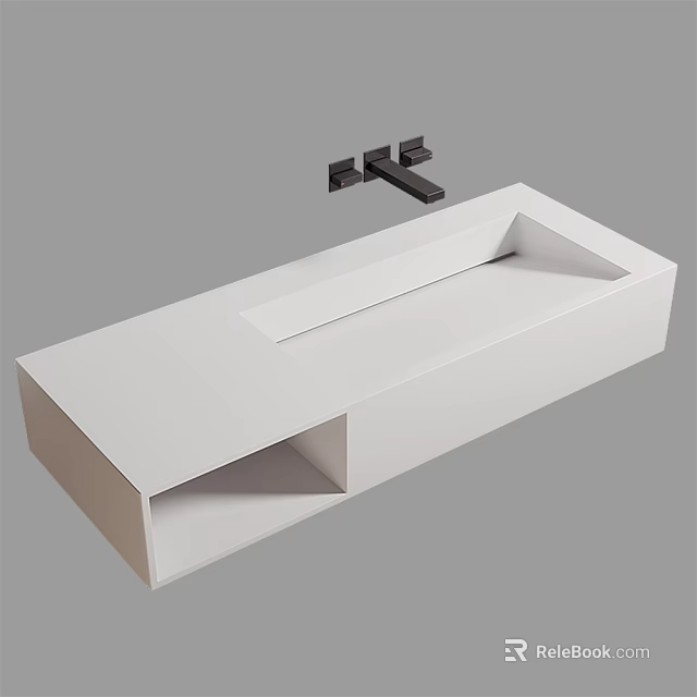 White Modern Washbasin with Minimalist Design and Black Wall Mounted Faucet in Contemporary Bathroom Setting 3d model 