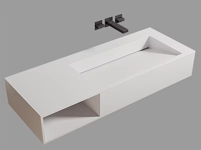 White Modern Washbasin with Minimalist Design and Black Wall Mounted Faucet in Contemporary Bathroom Setting 3d model