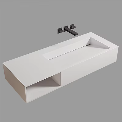 White Modern Washbasin with Minimalist Design and Black Wall Mounted Faucet in Contemporary Bathroom Setting 3d model