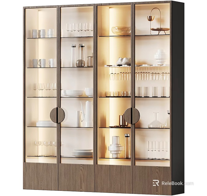 Elegant Modern Wine Cabinet Interior With Glass Doors Lighting Wine Glasses And Plates 3d model 