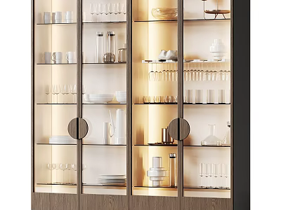 Elegant Modern Wine Cabinet Interior With Glass Doors Lighting Wine Glasses And Plates 3d model