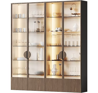 Elegant Modern Wine Cabinet Interior With Glass Doors Lighting Wine Glasses And Plates 3d model