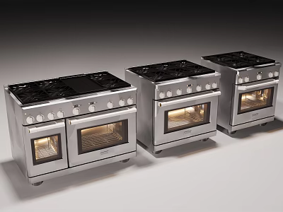 Three Modern Stainless Steel Kitchen Stoves With Black Cooktops And Built In Ovens 3d model