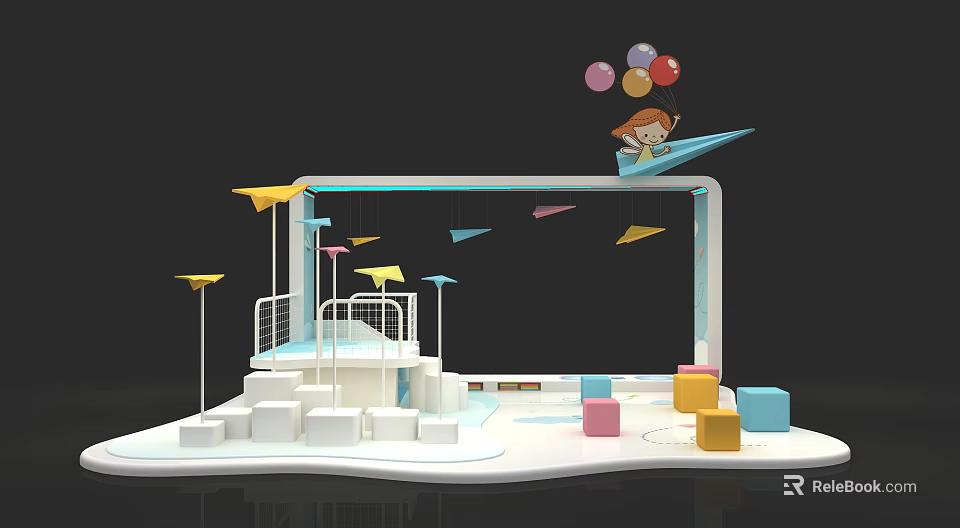 Little Girl Playing With Paper Plane And Balloons In Colorful Play Area With Steps 3d model 
