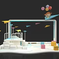 Little Girl Playing With Paper Plane And Balloons In Colorful Play Area With Steps