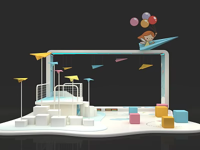 Little Girl Playing With Paper Plane And Balloons In Colorful Play Area With Steps 3d model