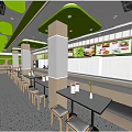 Bright Restaurant Interior With Green Ceiling Hanging Signs Menu Posters And Service Counter