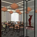 Elegant Restaurant Interior With Chandeliers Large Windows Tables Chairs And Decorative Sculpture