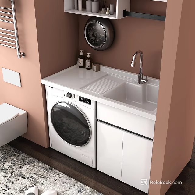 Modern White Decorative Cabinet With Washing Machine And Sink In Pink Bathroom 3d model 