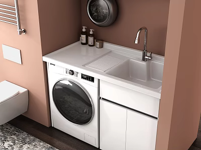 Modern White Decorative Cabinet With Washing Machine And Sink In Pink Bathroom 3d model