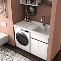 Modern White Decorative Cabinet With Washing Machine And Sink In Pink Bathroom