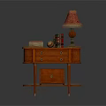 Mahogany Console Table With Red Lampshade Books Box And Decorative Items