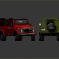 Red and Green Off Road SUVs with Black Roofs and Spare Tire Design