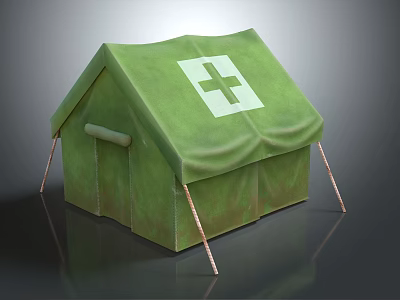 Green Medical Tent With White Cross Symbol And Supportive Poles Structure 3d model