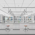 Modern Laboratory Interior With White Lab Benches Hanging Lights Orange Stools And Equipment