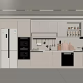 Modern Kitchen Interior With White Cabinets Built in Appliances Hanging Utensils and Wooden Cutting Board
