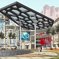 Modern Commercial Plaza With Glass Roof Palm Trees And Outdoor Seating Area