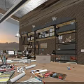 Spacious Public Office Space With Wooden Tables Hanging Lights Lake Sunset View And Large Windows