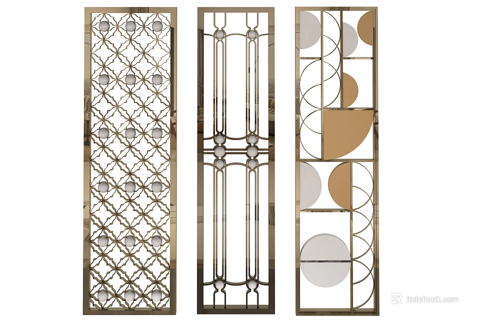 Modern Decorative Room Dividers With Geometric Patterns And Circular Metal Frames 3d model 