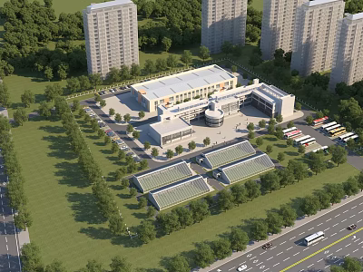 Modern School Building Campus With Green Lawns Parking Lot And Surrounding Trees 3d model