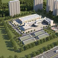 Modern School Building Campus With Green Lawns Parking Lot And Surrounding Trees