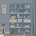 Blue Bookcase With Multiple Shelves Stuffed Toys Books And Decorative Models In Yellow Room