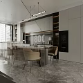 Modern Restaurant Kitchen With Open Design Marble Counter And Brown Chairs