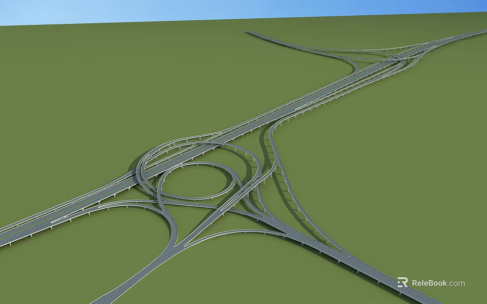 Complex Road Infrastructure Multi Lane Highway Interchange Loop Structure With Green Ground Blue Sky 3d model