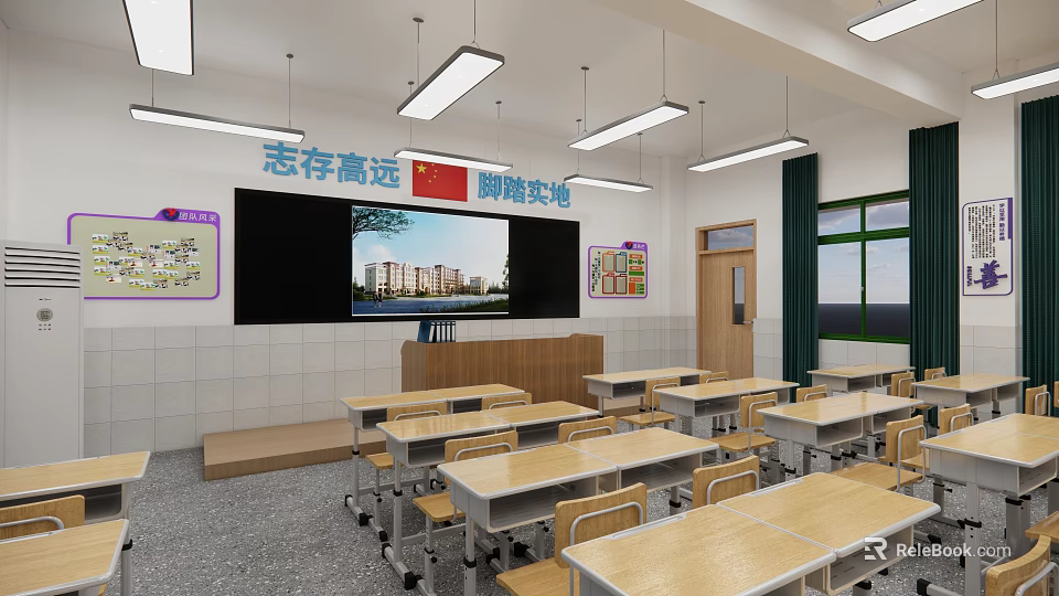 School Classroom Interior With Wooden Desks Chairs Large Screen And Inspirational Wall Decor 3d model 