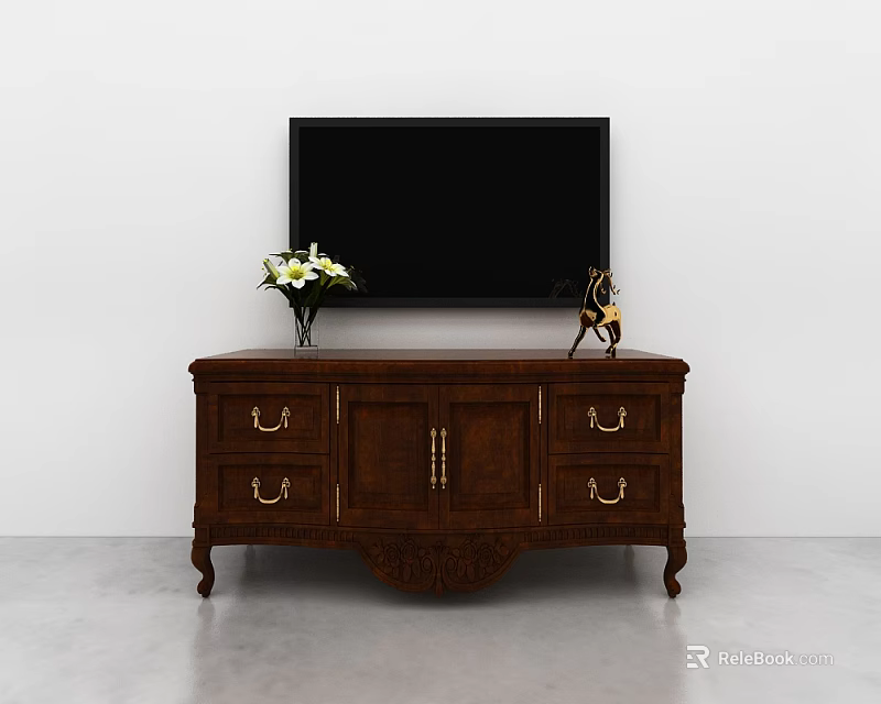 Dark brown wooden TV stand with drawers and cabinet flower vase deer figurine and TV 3d model 
