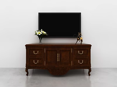 Dark brown wooden TV stand with drawers and cabinet flower vase deer figurine and TV 3d model