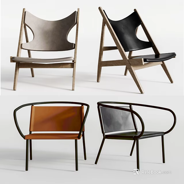 Contemporary Leisure Chairs With Wooden Metal Frames And Leather Fabric Seats 3d model 