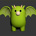 Cute Green Cartoon Creature With Horns And Bat Like Wings On Dark Reflective Surface