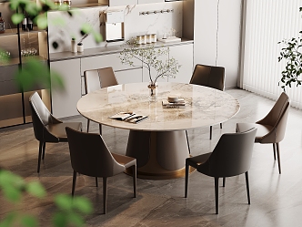 Marble Dining Table and Chair Combination Light Luxury Dining Room Round Dining Table Rock Board Dining Table Leather Dining Chair Six-person Cabinet Wine Cabinet Kitchen Supplies Vase 3d model