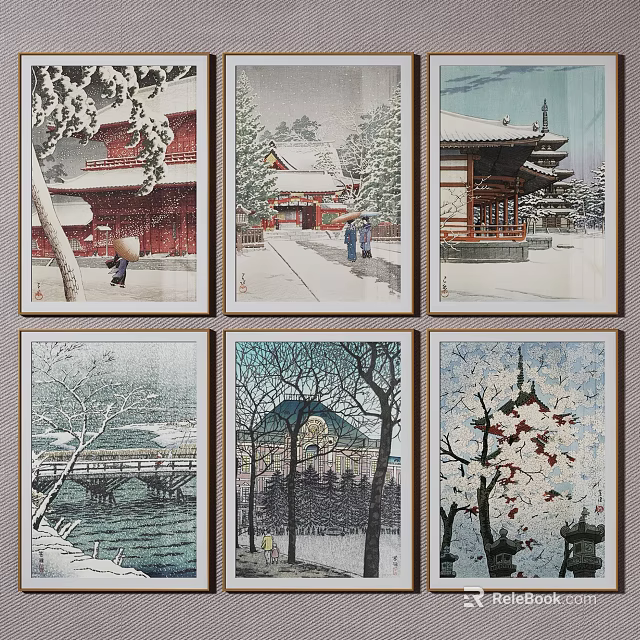 Snowy Traditional Japanese Landscape Paintings With Architecture Figures Trees Bridge And Plum Blossoms 3d model 