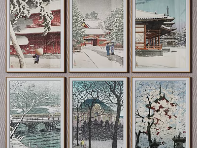 Snowy Traditional Japanese Landscape Paintings With Architecture Figures Trees Bridge And Plum Blossoms 3d model
