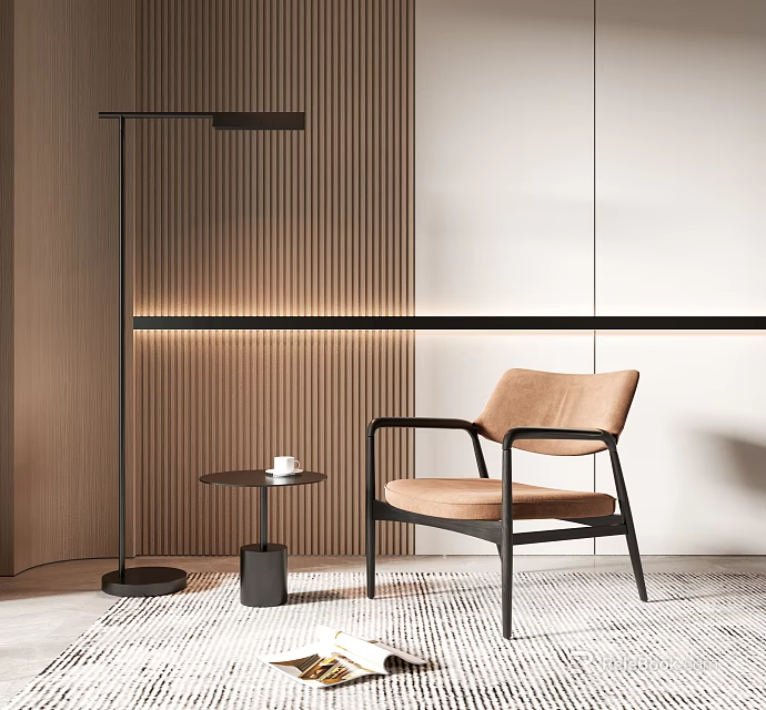 Modern Leisure Chair With Beige Cushion Black Frame Armrests Floor Lamp And Wooden Wall 3d model 