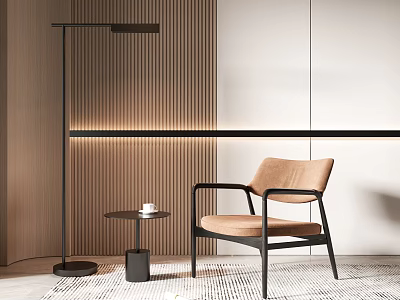 Modern Leisure Chair With Beige Cushion Black Frame Armrests Floor Lamp And Wooden Wall 3d model