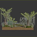 Natural Landscape Model with Green Trees Hanging Vines Wooden Bench Pathway and Water Area