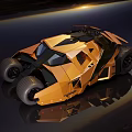 Unique Orange Black Angular Design Car With Large Tires On Sleek Reflective Surface 3d model