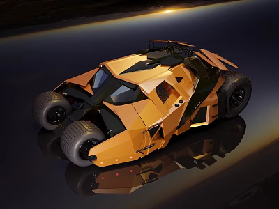 Unique Orange Black Angular Design Car With Large Tires On Sleek Reflective Surface 3d model