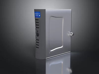 Silver Computer Hardware Enclosure Featuring Blue Display Lockable Door And Heat Vents 3d model