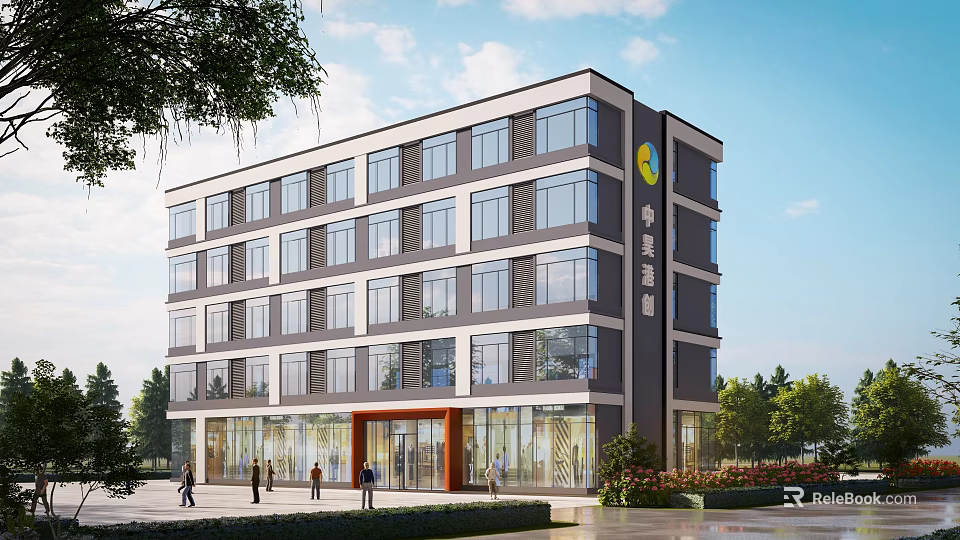 Multi Storey Modern Industrial Factory Building With Glass Curtain Walls Company Logo And Landscaped Entrance 3d model 